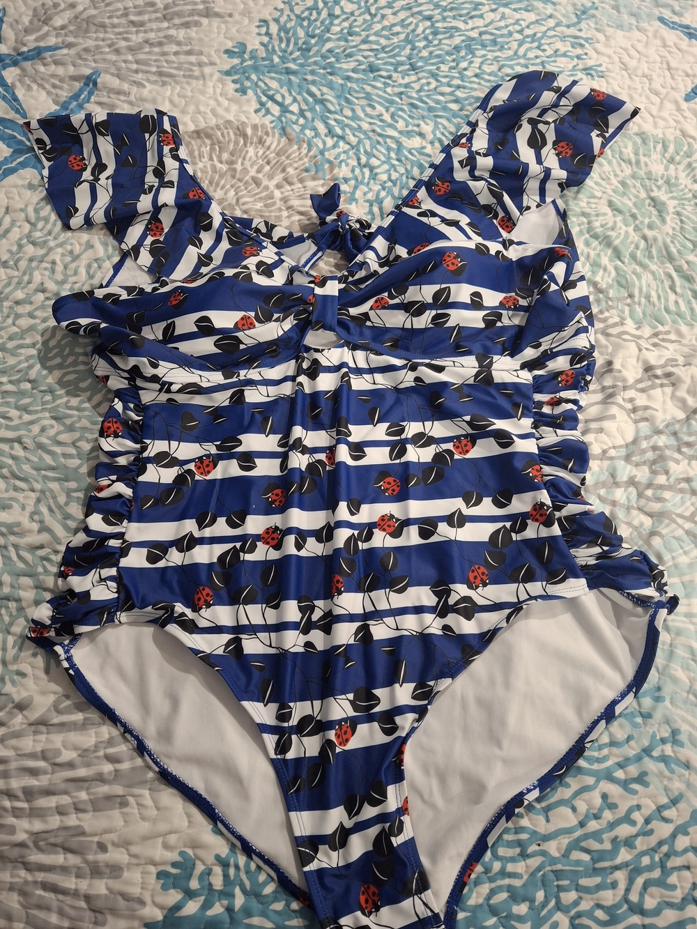 Rosegal Blue and White Striped One-Piece Swimsuit with Ladybug Print